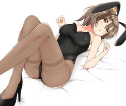  animal_ears black_footwear black_leotard brown_eyes brown_hair brown_pantyhose commentary_request cross-laced_clothes fake_animal_ears female full_body high_heels highres hori_yuko idolmaster idolmaster_cinderella_girls leotard long_hair lying pantyhose playboy_bunny ponytail rabbit_ears side-tie_leotard solo strapless strapless_leotard taut_leotard thighband_pantyhose torikun 