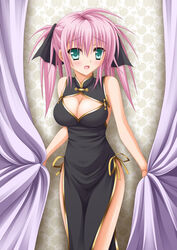  aqua_eyes bad_id bad_pixiv_id bare_arms bare_shoulders blush breasts china_dress chinese_clothes cleavage_cutout clothing_cutout commentary_request cowboy_shot dress female hair_between_eyes hair_ornament hairclip kousaki_yuzuru large_breasts long_hair looking_at_viewer open_mouth original photoshop_(medium) pink_hair shunrei_(blue_sanctuary) sleeveless sleeveless_dress solo 