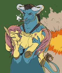  2013 anthro bovid bovine cigarette cutie_mark duo ear_piercing equid equine european_mythology explosion eye_patch eyewear facial_piercing feathered_wings feathers female feral fillyphalanx fluttershy_(mlp) friendship_is_magic fur greek_mythology hair hasbro hi_res horn iron_will_(mlp) male mammal minotaur my_little_pony mythological_creature mythological_equine mythology nose_piercing nose_ring pegasus piercing pink_hair ring_piercing septum_piercing smoking wings yellow_body yellow_feathers yellow_fur 