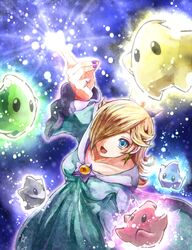  blonde_hair blue_eyes chiko_(mario) crown dress earrings female female fingernail_polish hair_over_one_eye jewelry long_hair luma mario_(series) nail_polish nintendo open_mouth rosalina_(mario) rosetta_(mario) smile star stars super_mario_bros. super_mario_galaxy 