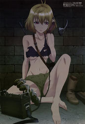  absurdres against_wall angelise_ikaruga_misurugi antenna_hair arm_behind_back bare_legs bare_shoulders barefoot between_breasts black_gloves black_sports_bra blonde_hair boots breasts brick_wall brown_footwear brown_shorts buckle cable cleavage collarbone combat_boots crack cross_ange crossed_legs dark explosive feet female field_radio fingerless_gloves frown full_body gloves grenade gun hair_between_eyes headset highres holding legs long_legs looking_down medium_breasts megami_magazine nakajima_nagisa narrow_waist navel non-web_source official_art red_eyes scan short_hair short_shorts shorts sitting solo sports_bra strap_between_breasts torn_clothes torn_sports_bra underboob underwear unworn_boots weapon 