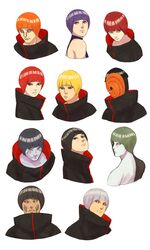  6+boys akatsuki_(naruto) alternate_hairstyle black_hair blue_hair bowl_cut deidara female green_hair grey_hair hidan high_collar highres hoshigaki_kisame kakuzu konan mask multiple_boys nagato_(naruto) naruto naruto_shippuuden orange_hair pain_(naruto) pain_(tendo) piercing red_hair rinnegan sasori steampunkskulls tobi uchiha_itachi uchiha_obito zetsu 