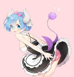  arms_at_sides artist_name ass ayamy bare_arms blue_eyes blue_hair blush breasts commentary_request cosplay dragon_horns dress female frilled_dress frills from_side hairband horns kanna_kamui kanna_kamui_(cosplay) kobayashi-san_chi_no_maidragon leaning_forward looking_at_viewer looking_back maid medium_breasts open_mouth panties pantyshot pink_background pink_panties re:zero_kara_hajimeru_isekai_seikatsu rem_(re:zero) roswaal_mansion_maid_uniform short_hair sleeveless sleeveless_dress solo tail underbust underwear wavy_mouth 