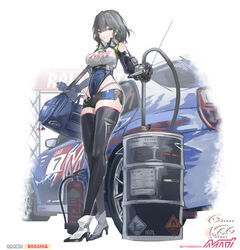  absurdres bag black_thighhighs blue_bag bottle brand_name_imitation breasts car commentary drum_(container) duffel_bag female fire_extinguisher full_body green_eyes grey_hair haguruma_c high_heels highleg highres holding holding_bottle logo_parody looking_at_viewer medium_hair micro_shorts motor_vehicle original pirelli race_queen race_vehicle racecar radio_antenna rally_car short_hair shorts solo sparco subaru_(brand) subaru_impreza symbol-only_commentary thighhighs white_background white_footwear 