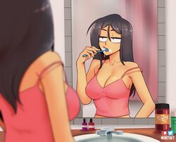  artist_name black_hair blurry breasts brushing_teeth cleavage commentary curtains depth_of_field english_commentary eyebrows_hidden_by_hair female large_breasts long_hair mirror nortuet original pink_tank_top reflection sarah_(nortuet) sink solo spaghetti_strap strap_slip tank_top toothbrush upper_body 