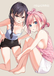  2girls :&lt; :o alternate_hairstyle aqua_background aqua_hair ass_visible_through_thighs backlighting bare_arms bare_legs bare_shoulders barefoot beige_background black_hair black_shorts blue_camisole blue_eyes blunt_ends blush bow braid breast_press breasts breasts_apart camisole casual chestnut_mouth collarbone commentary_request copyright_name crossed_ankles dolphin_shorts dot_nose drawstring feet foot_out_of_frame from_side full_body gradient_eyes hair_between_eyes hair_ornament hair_over_shoulder hair_up hairband hairbow hairclip hands_on_own_hips hanging_breasts highres hugging_own_legs kneeling knees_up large_breasts leaning_forward long_hair looking_at_viewer looking_down looking_to_the_side midriff_peek mochizuki_momiji multicolored_eyes multiple_girls narumi_tsubame new_game! oerba_yun_fang official_art open_mouth own_hands_together parted_lips pink_bow pink_hair pink_hairband pink_tank_top polka_dot polka_dot_bow polka_dot_hairband print_camisole print_tank_top raised_eyebrow shade shiny_skin short_hair short_ponytail short_shorts shorts side_braid sideboob simple_background single_braid sitting sleeveless small_breasts spaghetti_strap squinting star_(symbol) star_print strap_slip swept_bangs tank_top thighs toenails toes tokunou_shoutarou white_shorts yellow_eyes 