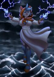  bat big_breasts blue_eyes breasts diaminerre digital_media_(artwork) electricity electricity_manipulation elemental_manipulation female magic magic_user mammal sea solo storm water 