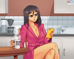  black_eyes black_hair breasts cellphone chair cleavage coffee_maker coffee_mug collarbone commentary crossed_legs cup english_commentary eyebrows_hidden_by_hair female flower holding holding_phone kitchen large_breasts mug nortuet original phone red_flower red_rose rose sarah_(nortuet) sitting smartphone smile solo steam toaster 