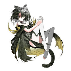  absurdres animal_ears arknights ass_peek bare_shoulders black_dress cat_ears chinese_commentary choker closed_mouth commentary_request dress female floating grey_hair hair_ornament hatching_(texture) highres knees_up lace lace_choker ling_s looking_at_viewer mandragora_(arknights) medium_hair off-shoulder_dress off_shoulder shaded_face simple_background solo stirrup_legwear thighhighs toeless_legwear white_background yellow_eyes 