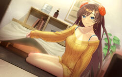  bare_shoulders beppu_mitsunaka blush breasts brown_hair cleavage collarbone earrings fate/grand_order fate_(series) female flower grey_eyes hair_flower hair_ornament highres hoop_earrings jewelry large_breasts long_hair long_sleeves looking_at_viewer mata_hari_(fate) orange_sweater smile solo sweater thighs 