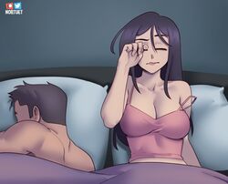  1boy artist_name bed black_hair breasts cleavage closed_eyes collarbone commentary english_commentary female large_breasts lips long_hair nortuet original pillow pink_tank_top raised_eyebrow rubbing_eyes sarah_(nortuet) sleeping spaghetti_strap straight strap_slip tank_top waking_up 