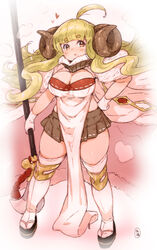  ahoge anila_(granblue_fantasy) blonde_hair blunt_bangs blush breasts cape cleavage curvy draph female fur_cape gloves granblue_fantasy graphite_(medium) hand_on_own_hip heart highres horns knee_pads large_breasts legs_apart long_hair miniskirt naginata okobo pelvic_curtain pleated_skirt polearm randou sandals sheep_horns short_eyebrows skirt solo thighhighs traditional_media very_long_hair wavy_hair weapon white_gloves white_thighhighs zettai_ryouiki 