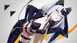  alchemy_stars asymmetrical_clothes black_gloves blush breasts choker cleavage collarbone female gloves grey_hair hair_between_eyes hand_on_own_hip highres leaning_forward long_hair long_sleeves looking_at_viewer medium_hair open_mouth purple_eyes scar scar_across_eye single_pantsleg single_thighhigh slit_pupils smokey_(alchemy_stars) smokey_(imprisonment_of_greed)_(alchemy_stars) sohin solo thigh_strap thighhighs twintails 