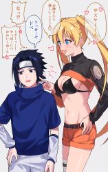  1boy :d betti_(maron) black_bra black_hair blonde_hair blue_shirt bra breasts cleavage commentary_request facial_mark female forehead_protector genderswap_(mtf) hand_on_own_hip heart highres jacket konohagakure_symbol long_sleeves looking_at_another looking_to_the_side medium_breasts multicolored_clothes multicolored_jacket naruko_(naruto) naruto naruto_(series) naruto_shippuuden navel open_mouth orange_shorts rule_63 shirt short_hair short_sleeves shorts simple_background smile speech_bubble thought_bubble time_paradox translation_request turtleneck turtleneck_jacket two-tone_jacket uchiha_sasuke underwear uzumaki_naruto whisker_markings white_background white_shorts 