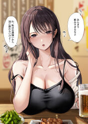  :o absurdres bare_shoulders beer_mug black_camisole blurry blurry_background blush breasts brown_hair camisole cleavage collarbone commentary_request cup edamame enma_daio female food hand_in_own_hair highres holding holding_cup huge_breasts long_hair looking_at_viewer mole mole_under_eye mug original restaurant solo speech_bubble straight_hair strap_slip translation_request very_long_hair yakitori 