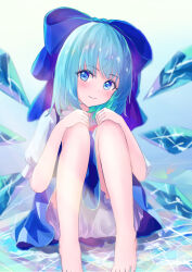  bloomers blue_bow blue_dress blue_eyes blue_hair blush bow cirno closed_mouth commentary_request detached_wings dress female hairbow hands_on_own_knees highres ice ice_wings looking_at_viewer medium_hair pinafore_dress sitting sleeveless sleeveless_dress smile solo takaya_naru touhou white_bloomers wings 