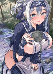  ainu_clothes bandana blue_eyes blue_headband breasts chains cropped_jacket female folded_ponytail hair_between_eyes headband highres kamoi_(kancolle) kantai_collection large_breasts leg_wrap long_hair long_sleeves mizuta_kenji open_mouth pelvic_curtain sideboob sidelocks solo thick_eyebrows white_hair wrist_guards 