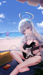  2girls absurdres alternate_costume barefoot bass_guitar beach bikini blue_archive blue_bikini blue_sky blunt_bangs breasts clothes_lift cloud commentary_request day grey_hair halo head_tilt highres instrument large_breasts lifting_own_clothes long_hair looking_at_viewer mechanical_halo mouth_hold multi-strapped_bikini_bottom multiple_girls music noa_(blue_archive) ocean outdoors playing_instrument purple_eyes shirt shirt_lift sitting sky sweat swimsuit white_shirt yoruhh yuuka_(blue_archive) 