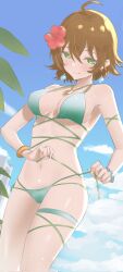  bikini blue_sky breasts brown_hair closed_mouth cloud corrupted_twitter_file day earrings female flower green_bikini green_eyes hair_flower hair_ornament highres hoshii_nao idolmaster idolmaster_(classic) jewelry medium_breasts navel outdoors second-party_source short_hair sky smile solo sweat swimsuit thigh_strap tying tying_bikini umirororo 