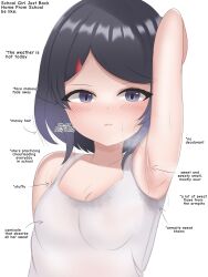  1girls arm_up armpits arms_behind_head blush camisole embarrassed odor original ryzeon schoolgirl showing_armpits sleeveless sleeveless_shirt smelling smelly_armpits solo stained_clothes sweat sweat_stain sweatdrop sweating sweaty sweaty_armpits text underwear 