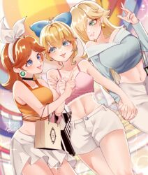  3girls absurdres alternate_costume bag bare_shoulders black_choker blonde_hair blue_bow blue_eyes bow breasts choker commentary cropped_shirt dated dutch_angle earrings english_commentary green_eyes hair_over_one_eye hairband hairbow hand_up highres holding holding_bag holding_hands jewelry long_sleeves looking_at_another mario_(series) medium_breasts midriff miniskirt multiple_girls navel off-shoulder_shirt off_shoulder one_eye_covered open_mouth orange_hair orange_shirt parted_bangs pink_shirt princess_daisy princess_peach rosalina shirt shopping shopping_bag short_shorts shorts signature skirt sleeveless sleeveless_shirt smile spaghetti_strap sparkle twitter_username white_hairband white_shorts white_skirt yoshino_(q_sci) 