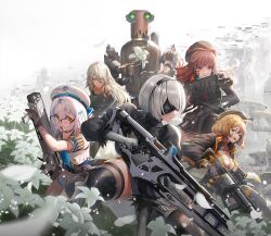  2b_(nier:automata) 5girls a2_(nier:automata) ahoge anis_(nikke) arm_support artist_request assault_rifle beret blindfold blue_eyes boots breasts brown_hair closed_mouth collarbone dress feather_trim flower glasses gloves goddess_of_victory:_nikke green_eyes grenade_launcher gun hair_ornament hair_over_one_eye hairband hairclip hat highres holding holding_weapon jacket lips long_hair long_sleeves lunar_tear medium_breasts mouth_hold multiple_girls neon_(nikke) nier:automata nier_(series) official_art open_clothes open_mouth petals puffy_sleeves rapi_(nikke) red_eyes rifle robot short_hair shotgun shotgun_shell skirt smile thigh_boots thighhighs weapon white_hair 