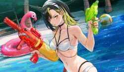  asymmetrical_bangs ball bare_arms bare_shoulders beachball bikini black_hair black_nails blonde_hair breasts closed_mouth dual_wielding ear_piercing female finger_on_trigger from_side holding holding_water_gun idolmaster idolmaster_shiny_colors ikaruga_luca inflatable_flamingo infukun looking_at_viewer medium_hair multi-strapped_bikini_bottom multicolored_hair navel o-ring o-ring_bikini piercing serious sideways_glance signature solo swimsuit two-tone_hair upper_body v-shaped_eyebrows water water_gun white_bikini yellow_eyes 