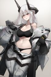  arknights bare_shoulders beer_can black_bra black_gloves black_horns black_panties black_sports_bra bra breasts can cleavage drink_can female frown gloves guinness_(beer) highres holding holding_can horns hot huinjebi jumpsuit large_breasts long_hair mudrock_(arknights) navel open_jumpsuit panties parted_lips pointy_ears red_eyes sidelocks simple_background solo sports_bra sweat underwear undressing white_background white_hair white_jumpsuit 