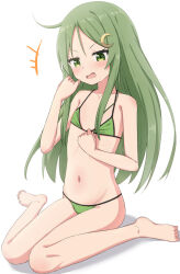  +++ bare_arms bare_legs bare_shoulders barefoot bikini blush commentary_request crescent crescent_hair_ornament female full_body green_bikini green_eyes green_hair groin hair_between_eyes hair_ornament highres kantai_collection long_hair nagatsuki_(kancolle) navel parted_bangs shadow simple_background sitting solo swimsuit takasuma_hiro very_long_hair wariza white_background 