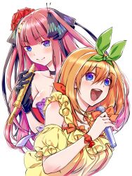  2girls bare_shoulders blue_eyes blunt_bangs breasts butterfly_hair_ornament closed_mouth dress go-toubun_no_hanayome green_ribbons hair_between_eyes hair_ornament hair_ribbon highres holding holding_microphone large_breasts light_blush long_hair looking_at_viewer medium_hair microphone multiple_girls nakano_nino nakano_yotsuba open_mouth orange_hair pink_hair red_dress ribbon simple_background smile strapless strapless_dress teeth upper_body upper_teeth_only white_background yellow_dress yu_(flowerbird3830) 