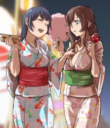  2girls agano_(kancolle) alternate_costume animal_print between_breasts breasts brown_hair candy_apple chocolate_banana cotton_candy cowboy_shot fish_print floral_print food goldfish_print green_eyes highres japanese_clothes kantai_collection kimono large_breasts megakura_kinshi multiple_girls noshiro_(kancolle) obi pink_kimono sash white_kimono yukata 