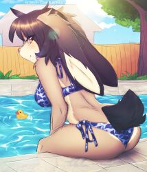  anthro bikini blue_bikini blue_clothing blue_swimwear brown_body brown_eyes brown_fur brown_hair clothing elronya female freckles fur hair hi_res lagomorph leporid looking_at_viewer looking_back looking_back_at_viewer mammal multicolored_body multicolored_fur outside plant rabbit ronya rubber_duck side-tie_bikini solo string_bikini swimming_pool swimwear tree two-piece_swimsuit two_tone_body two_tone_fur 