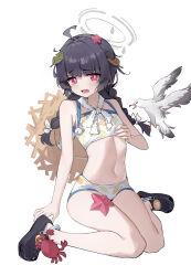  absurdres ahoge bikini bird black_footwear black_hair blue_archive braid bright_pupils chinese_commentary choker commentary_request crab crocs female flat_chest full_body grey_halo halo hat hat_on_back highres lace lace_choker leaf leaf_on_head leaf_print long_hair looking_at_viewer maochibuqihuyu miyu_(blue_archive) miyu_(swimsuit)_(blue_archive) official_alternate_costume open_mouth print_bikini red_eyes seagull simple_background sitting solo starfish straw_hat swimsuit twin_braids wariza white_background white_bikini white_pupils 