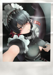  absurdres black_hair breasts ellen_joe female fins fish_tail highres looking_at_viewer maid maid_headdress medium_breasts minamo_(edosei_edo) mouth_hold multicolored_hair polaroid red_eyes red_hair selfie shark_girl shark_tail short_hair short_sleeves tail two-tone_hair zenless_zone_zero 