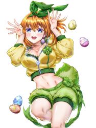  bike_shorts bike_shorts_under_shorts blue_eyes breasts cleavage collarbone cropped_jacket easter_egg egg female fur_shorts go-toubun_no_hanayome green_ribbons green_shorts hair_ribbon hands_up highres jacket knees large_breasts midriff nakano_yotsuba navel open_mouth orange_hair ribbon short_hair shorts simple_background solo teeth upper_teeth_only yellow_jacket yu_(flowerbird3830) 