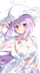  absurdres atsuko_(blue_archive) atsuko_(swimsuit)_(blue_archive) bikini blue_archive closed_mouth coat female halo hat highres hua-huahua long_hair looking_at_viewer low_ponytail pink_eyes purple_hair see-through see-through_coat simple_background smile sun_hat swimsuit very_long_hair white_background white_bikini white_coat white_hat 