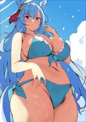  alternate_costume animal_ears bikini blue_bikini blue_hair blue_sky braid breasts cloud cloudy_sky commentary_request cowboy_shot crown_braid day denim denim_shorts ear_ornament female highres horse_ears horse_girl horse_tail large_breasts long_hair looking_at_viewer mejiro_ardan_(umamusume) midriff navel outdoors purple_eyes shirt short_sleeves shorts sky solo swimsuit tail tied_shirt umamusume very_long_hair wahiko_(black_bastard) wet wet_clothes 