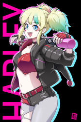  asymmetrical_shorts baseball_bat black_background black_jacket black_shorts black_vest blonde_hair blue_eyes blue_hair bowieknife breasts character_name collarbone cowboy_shot denim denim_shorts female grey_pantyhose harley_quinn holding holding_baseball_bat hood hood_down hooded_jacket jacket looking_at_viewer multicolored_hair navel pantyhose red_shorts red_vest shorts simple_background small_breasts solo streaked_hair suicide_squad_isekai torn_clothes torn_pantyhose twintails vest 