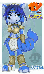  2024 accessory anthro bandeau blue_body blue_eyes blue_fur blue_hair bottomwear breasts canid canine choker clothing eyebrows feet female fox fur hair hair_accessory hairband hi_res jewelry krystal_(star_fox) loincloth looking_at_viewer mammal markings necklace nintendo ottendo sandals shoulder_guards solo star_fox style_emulation topwear tribal tribal_markings ty_the_tasmanian_tiger_(series) white_body white_fur 