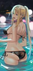  :d ass bikini black_bikini blonde_hair blue_eyes blurry blurry_background breasts darkness_(konosuba) female from_behind hair_between_eyes halterneck highres j@ck kono_subarashii_sekai_ni_shukufuku_wo! large_breasts long_hair open_mouth ponytail side-tie_bikini_bottom sideboob smile solo string_bikini swimsuit wading 