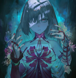  absurdres aqua_hair bandage_over_one_eye bare_shoulders bracelet broken_glass chinese_commentary commentary_request dress female flower_on_chest flower_request glass gradient_clothes gradient_dress gradient_eyes green_eyes hair_over_one_eye highres jewelry jin_sumire long_hair looking_at_viewer multicolored_eyes nail_polish one_eye_covered parted_lips phrolova_(wuthering_waves) red_dress red_eyes red_nails solo tacet_mark_(wuthering_waves) two-tone_eyes upper_body white_dress wuthering_waves 