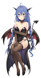  ahoge armpit_crease black_cape black_footwear black_gloves black_ribbon blush braid breasts brown_dust_2 brown_thighhighs cape cleavage closed_mouth covered_navel demon_girl demon_wings elbow_gloves eyebrows_hidden_by_hair female full_body garter_belt gloves grabbing_own_arm groin hair_between_eyes hair_ribbon head_wings heart heart_tail high_heels highres long_hair looking_at_viewer low_wings mushoku_tensei ribbon roxy_migurdia simple_background solo stiletto_heels tail thighhighs twin_braids very_long_hair white_background wings yougenko 