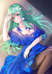  alternate_costume black_pantyhose blue_dress blush breasts cleavage commentary dress female frog_hair_ornament green_eyes green_hair green_nails hair_ornament hair_tubes highres kochiya_sanae long_hair looking_at_viewer lying on_back open_mouth pantyhose single_hair_tube snake_hair_ornament solo takaya_naru touhou 