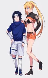  1boy :d absurdres bandaged_leg bandages betti_(maron) black_bra black_footwear black_hair blonde_hair blue_shirt bra breasts cleavage commentary_request facial_mark female forehead_protector full_body genderswap_(mtf) hand_on_own_hip highres jacket konohagakure_symbol long_sleeves looking_at_another looking_to_the_side medium_breasts multicolored_clothes multicolored_jacket naruko_(naruto) naruto naruto_(series) naruto_shippuuden navel open_mouth orange_shorts rule_63 shirt short_hair short_sleeves shorts simple_background smile time_paradox turtleneck turtleneck_jacket two-tone_jacket uchiha_sasuke underwear uzumaki_naruto whisker_markings white_background white_shorts 