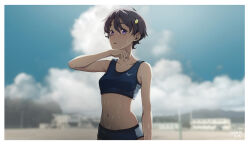  black_hair blue_buruma blue_sky blue_sports_bra buruma churay cloud dark-skinned_female dark_skin day female food-themed_hair_ornament hair_between_eyes hair_ornament highres lemon_hair_ornament make_heroine_ga_oo_sugiru! midriff navel outdoors purple_eyes short_hair sky solo sports_bikini sports_bra sweat upper_body very_sweaty yakishio_remon 