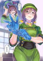  absurdres animal_ears blue_gloves bow bowler_hat brown_hair buttons collared_shirt commentary_request double-breasted doushi_tatsu_to_dekkai_no female from_below gloves green_eyes green_hat green_jacket hair_between_eyes hat hayakawa_tazuna highres horse_ears horse_girl horseshoe_hat_ornament jacket jujutsu_kaisen kenjaku lips long_hair looking_at_viewer looking_down motion_lines necktie office open_mouth pose_imitation putting_on_gloves removing_hat rubber_gloves scene_reference shirt skirt skirt_suit source_quote speech_bubble suit translated umamusume wet_gloves white_shirt window yellow_bow yellow_necktie 