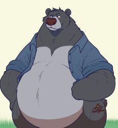  2024 anthro baloo bear belly big_belly blush bottomless bottomless_anthro bottomless_male clothed clothing disney fur hand_on_hip hi_res male mammal mostly_nude obese obese_anthro obese_male open_clothing open_shirt open_topwear overweight overweight_anthro overweight_male razigator shirt shirt_only signature solo standing the_jungle_book topwear topwear_only 