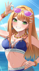  absurdres adjusting_eyewear armpits bead_necklace beads bikini blue_bikini blush bracelet breasts cleavage cross-laced_bikini cross-laced_clothes eyewear_on_head female gakuen_idolmaster green_eyes grin hand_on_eyewear hand_on_own_hip highres idolmaster jewelry kimi_to_semi_blue_(idolmaster) long_hair looking_at_viewer medium_breasts mole mole_under_eye navel necklace orange_hair orange_wristband outdoors pirarucu_imas shiun_sumika smile solo stomach straight_hair swimsuit tinted_eyewear very_long_hair 