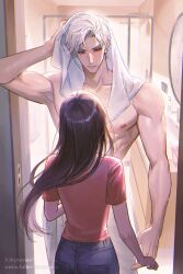  1boy after_bathing ass brown_hair collarbone denim female from_behind height_difference highres indoors jeans long_hair love_and_deepspace mirror muscular muscular_male pants protagonist_(love_and_deepspace) red_eyes red_shirt shirt short_sleeves shower_(place) sink standing sylus_(love_and_deepspace) t-shirt topless_male towel towel_on_head water_drop wet wet_hair white_hair white_towel yoyosea1 