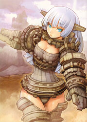  absurdres aqua_eyes blunt_bangs breasts cleavage cloud colossus cowboy_shot day female gaius_(shadow_of_the_colossus) giant giantess highres large_breasts long_hair looking_at_viewer outdoors parted_lips personification photoshop_(medium) shadow_of_the_colossus shigatake silver_hair solo thighs 